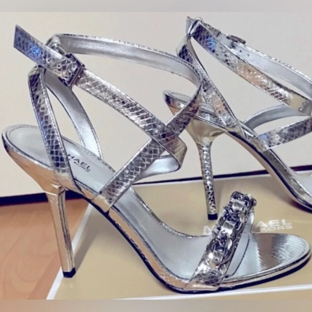 Michael Kors Silver High Heel Leather Sandal - Chain Front/Strappy/Size 7